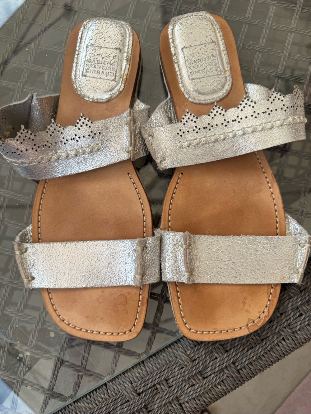 Marithe Francois Girbaud Metallic Silver Leather Scalloped Slide Sandals